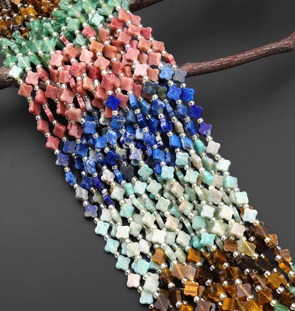 4 Four Leaf Clover Mixed Natural Gemstone Beads Natural Amazonite Tiger's Eye Aventurine Petrified Rhodonite Lapis 7mm 8mm 15.5