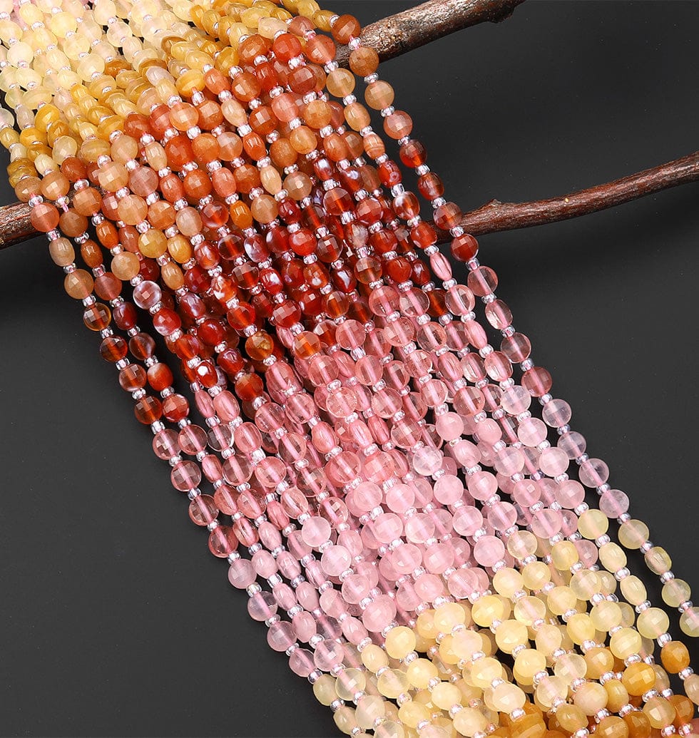 Warm & Pastel Blend ~ Mixed Gemstones Faceted 6mm Coin Beads Cherry Quartz Rose Quartz Yellow Jade Orange Aventurine Fire Agate 15.5