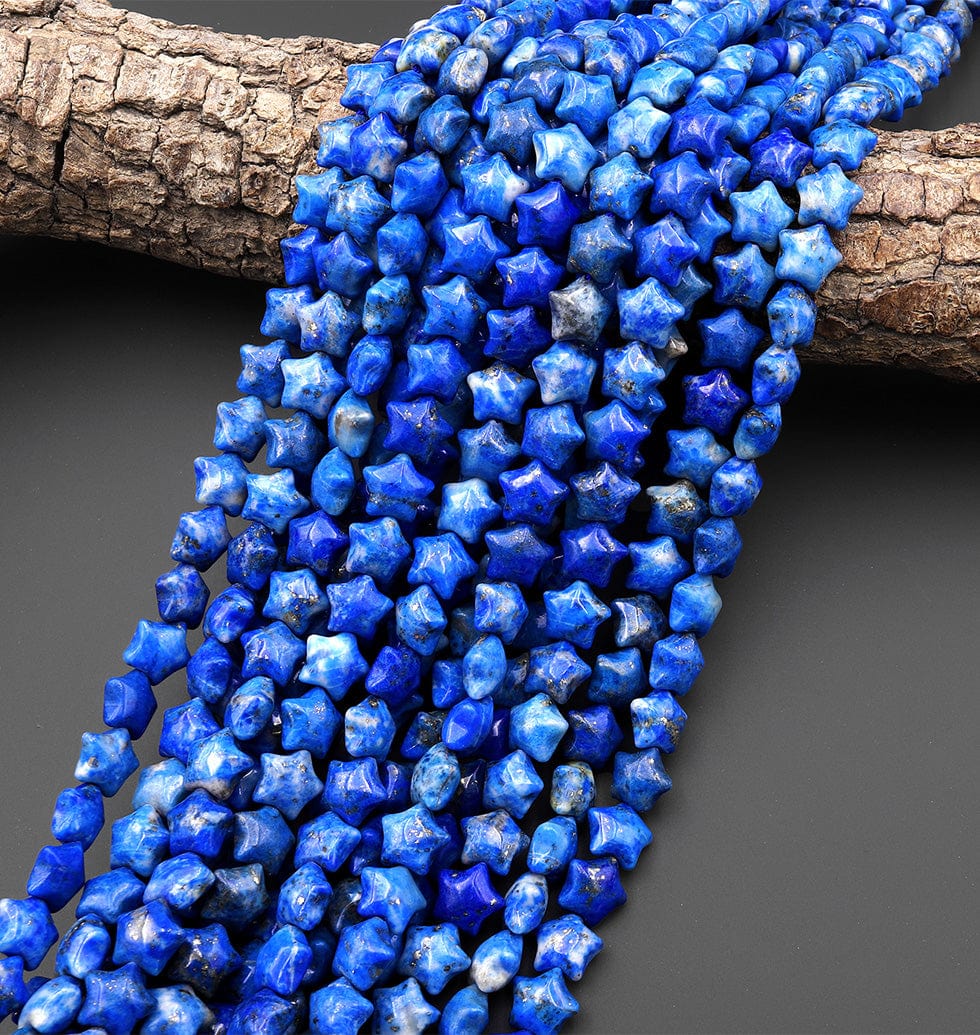 Natural Blue Denim Lapis w/ Pyrite Beads 10mm Puffy Star Gemstone 15.5