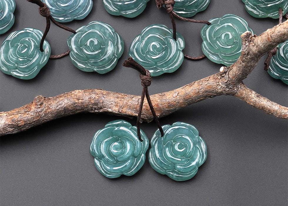 Hand Carved Natural Blue Green Guatemalan Jade Earrings Rose Flower Matched Gemstone Bead Pair
