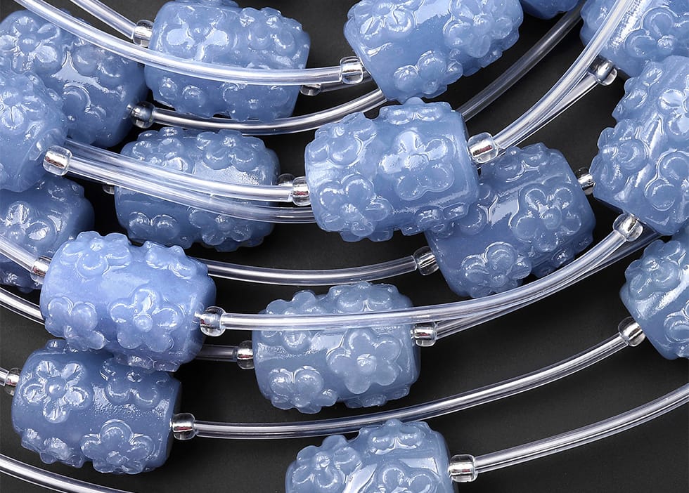 Hand Carved Natural Blue Angelite Drum Barrel Gemstone Cherry Flower Beads Blossoming Energy and Abundance Strand
