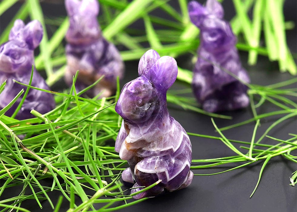 Hand-Carved Natural Purple Chevron Amethyst Bunny Rabbit Figurine Crystal Miniature
