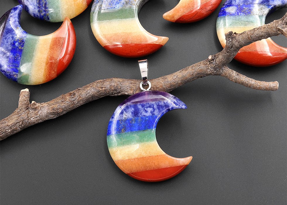 AAA Rainbow Chakra Crystal Crescent Moon Pendant Healing Natural Gemstone Jewelry
