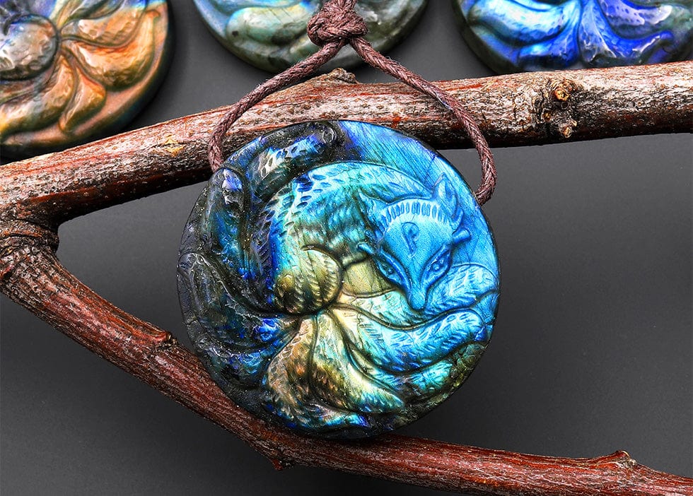 AAA Hand Carved Mystical Nine-Tailed Fox Natural Golden Blue Labradorite Pendant Gemstone Focal Bead
