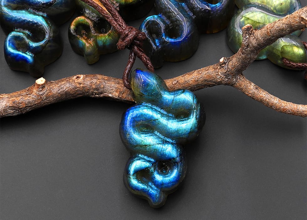 AAA Hand Carved Natural Golden Blue Green Labradorite Snake Pendant Side Drilled Gemstone
