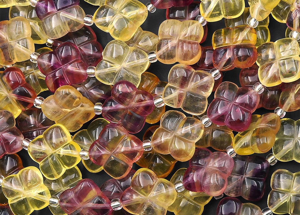 Rare Natural Honey Gold Mauve Purple Candy Fluorite 4 Four Leaf Clover Flower Beads 14mm 3D Carving 15.5