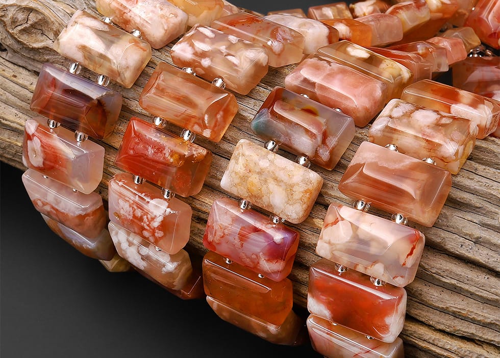 AAA Double Drilled Natural Translucent Peach Pink Cherry Blossom Agate Aka Flower Agate 20x10mm Rectangle Title Bracelet Beads 8