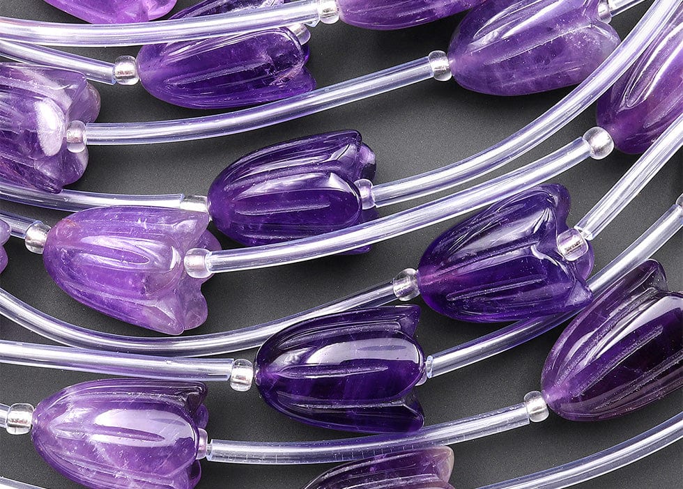 AAA Natural Purple Amethyst Hand Carved Tulip Lily Flower Vertically Drilled Gemstone 15mm Beads Strand
