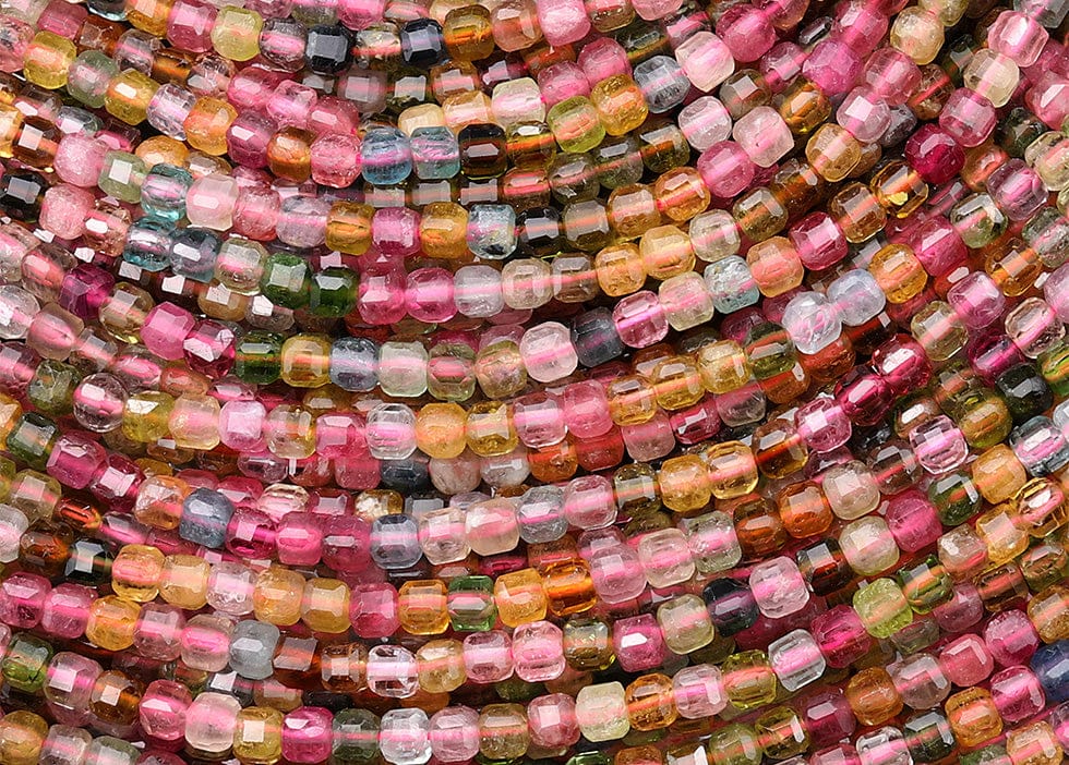 AAA Translucent Natural Tourmaline Faceted 3mm Pink Green Golden Yellow Cube Beads Gemstone 15.5