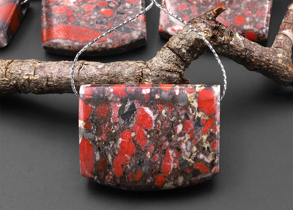 Natural Red Brecciated Blood Jasper Rectangle Saddle Locket Pendant Side Drilled
