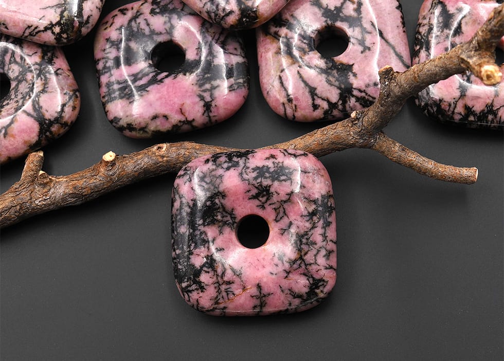 AAA Natural Pink Black Rhodonite Square Donut Pendant Focal Bead 30mm
