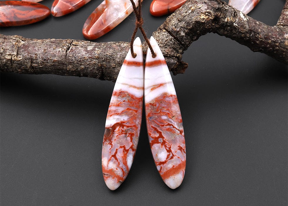 Natural Moroccan Red Lace Agate Long Slender Teardrop Earring Drilled Matched Gemstone Cabochon Bead Pair
