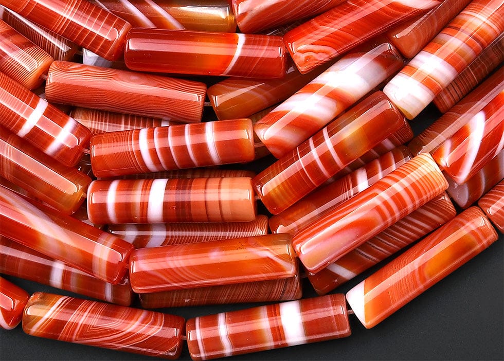 Natural Fiery Orange Red Banded Agate Long Tube Beads 30x8mm 15.5