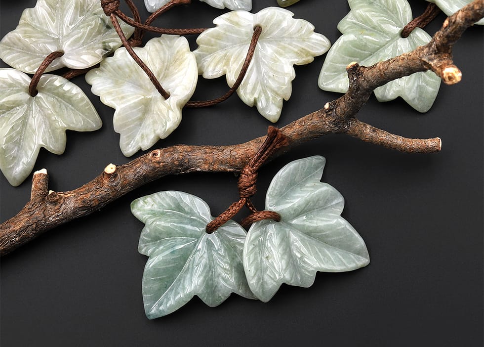 Hand Carved Natural Burma Jade Leaf Earring Pair Drilled Matched Gemstone 