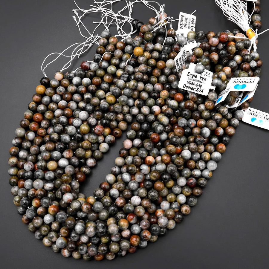 Natural Eagle Eye 5mm 6mm 8mm 10mm 12mm Round Beads Aka Hawk Eye Gray Red Slate Brown Colors 15.5" Strand