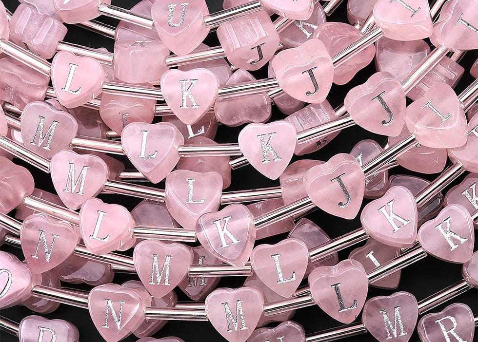 AAA Laser Engraved Natural Pink Rose Quartz Heart Beads 8mm Top Side Drilled 26 Alphabet Letters Strand
