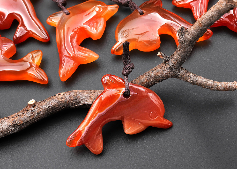 Hand-Carved Natural Orange Red Carnelian Agate Dolphin Pendant
