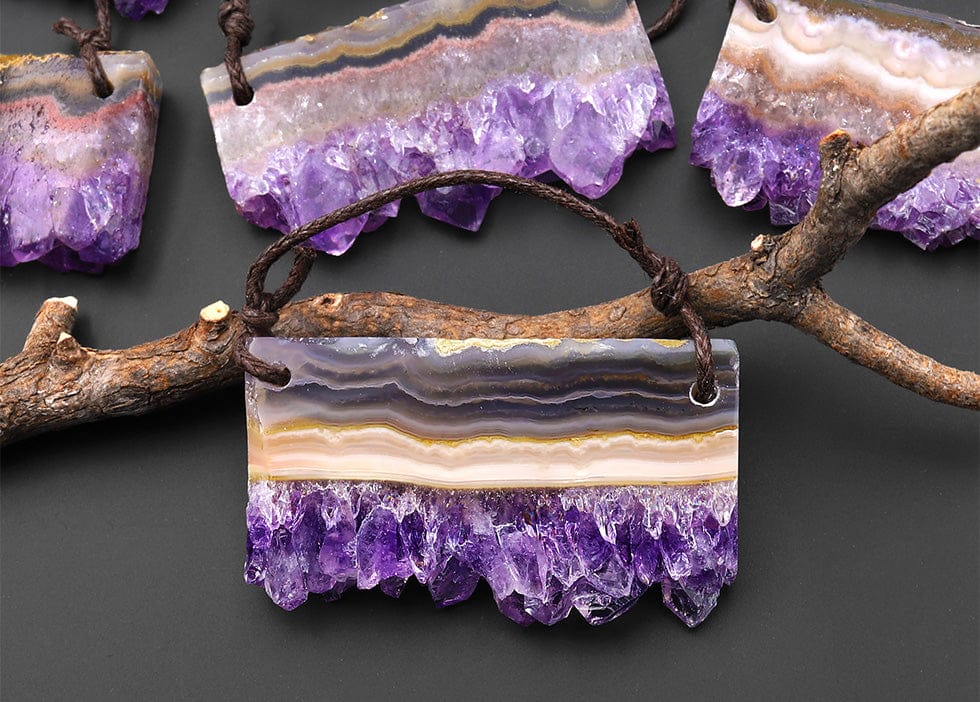 Two 2 Hole Pendant Natural Purple Amethyst Stalactite Crystal Flat Thin Slice Long Rectangle

