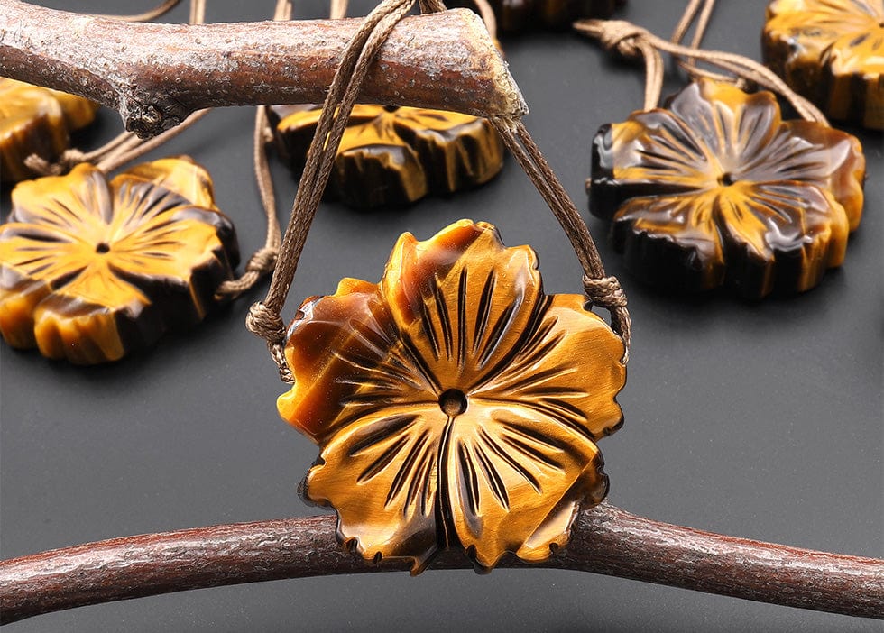 AAA Hand Carved Natural Golden Tiger's Eye Flower Pendant Drilled Gemstone Focal Bead
