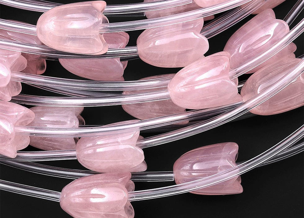 AAA Natural Pink Rose Quartz Hand Carved Tulip Lily Flower Vertically Drilled Gemstone 15mm Beads Strand
