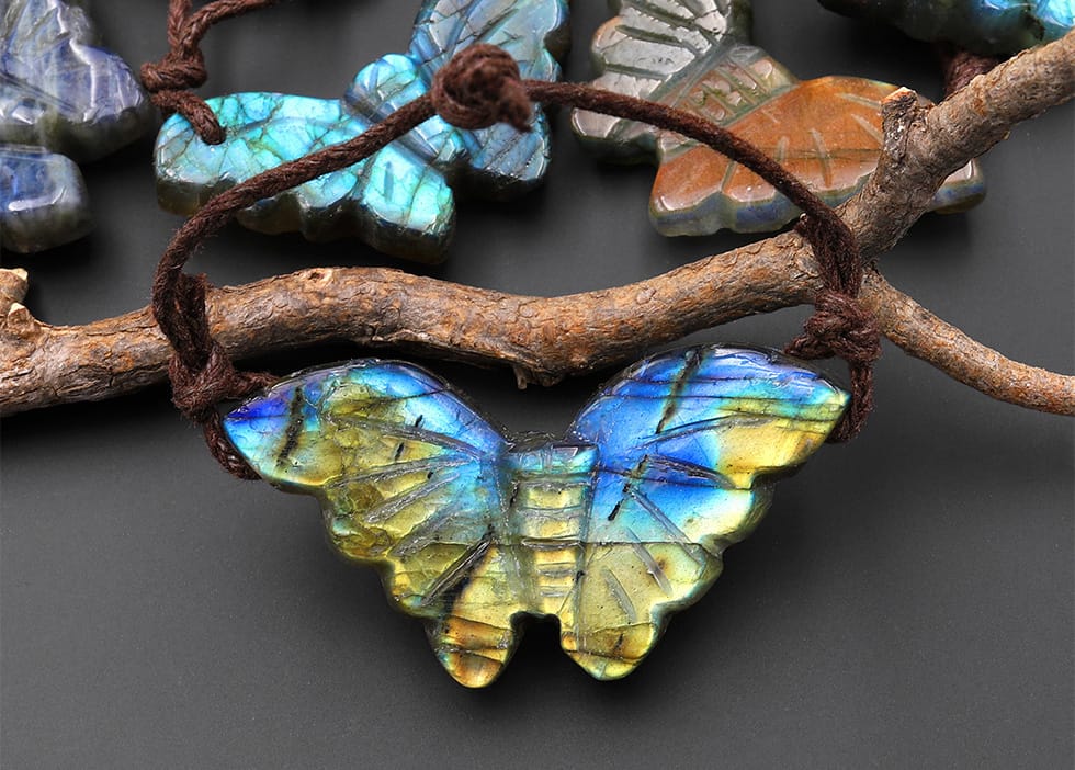 AAA Hand Carved Natural Labradorite Butterfly Pendant 2 Two Hole Gemstone Focal Bead
