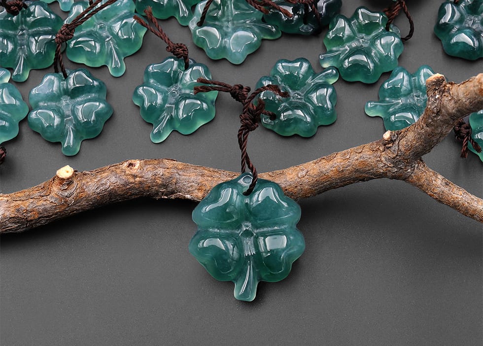 AAA Hand Carved Natural Dark Blue Green Guatemalan Jade Lucky 4 Four Clover Pendant
