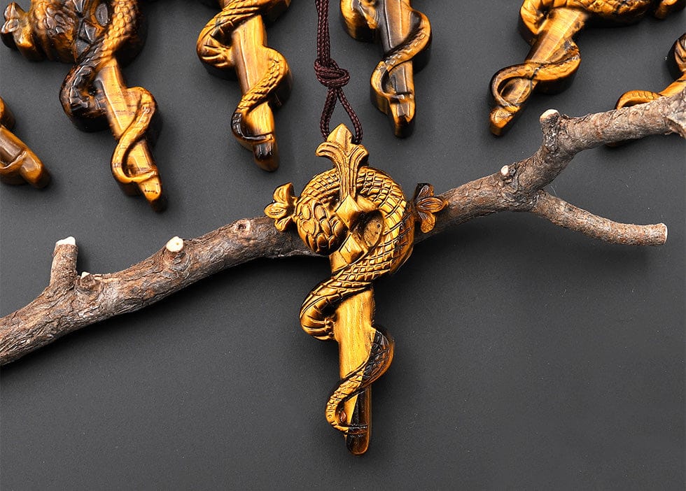 AAA Hand Carved Natural Tiger's Eye Snake Sword Pendant - Symbol of Wisdom and Transformation
