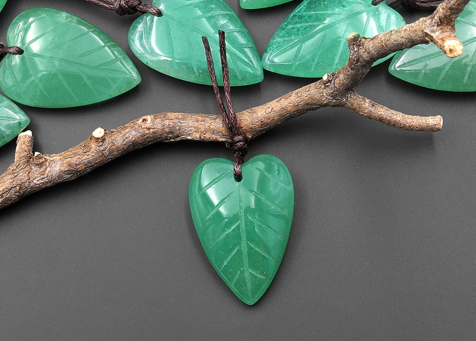 Hand Carved Natural Green Aventurine Elongated Heart Shaped Leaf Pendant Drilled Gemstone 3D
