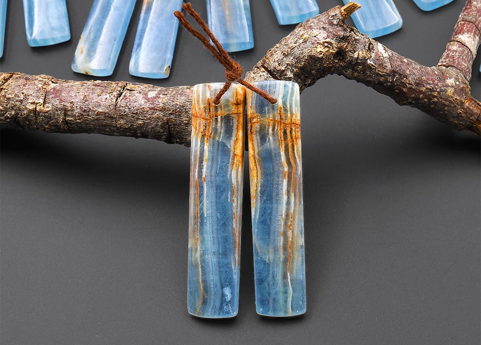 Natural Argentina Lemurian Aquatine Blue Calcite Rectangle Matched Earring Pairs Drilled Gemstone Cabochon Beads EC0403
