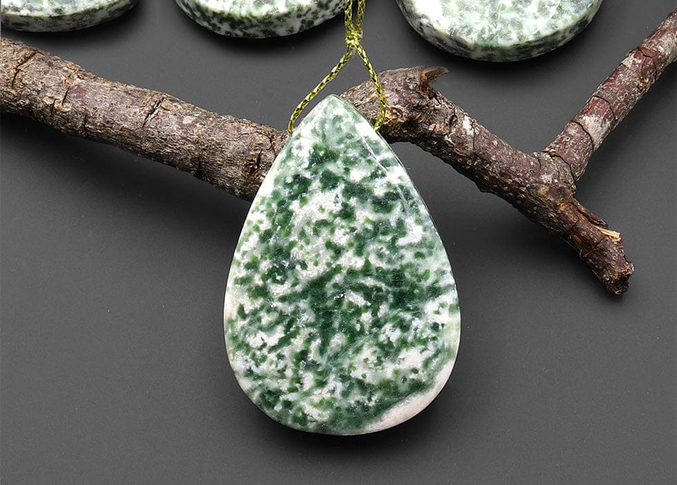 Natural Green Tree Agate Pendant Side Drilled Teardrop Gemstone
