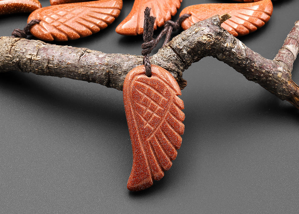 Hand Carved Goldstone Angel Wing Pendant Bead Drilled Gemstone