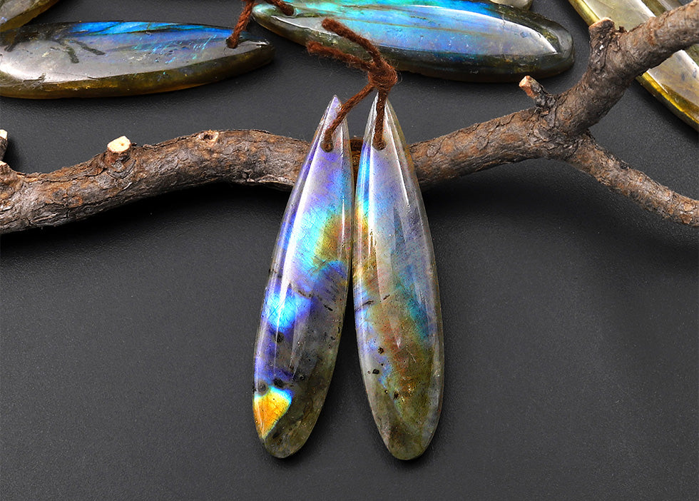 Natural Labradorite Slender Linear Teardrop Pair Drilled Matched Natural Gemstone Bead Pair
