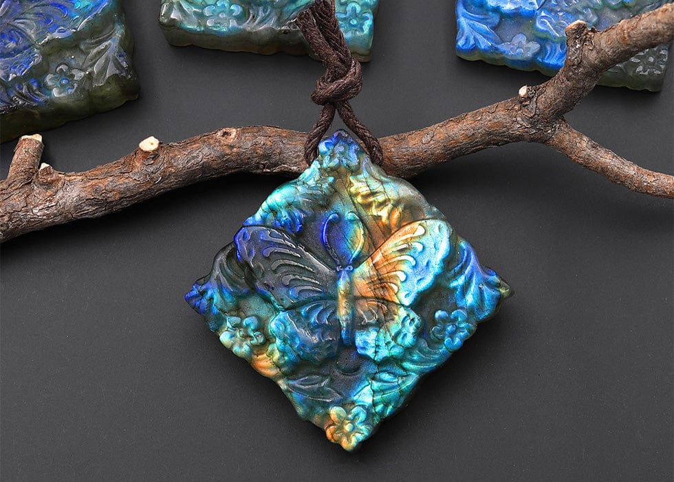 AAA Hand Carved Natural Labradorite Butterfly Diamond Square Pendant Side Drilled Gemstone Focal Bead
