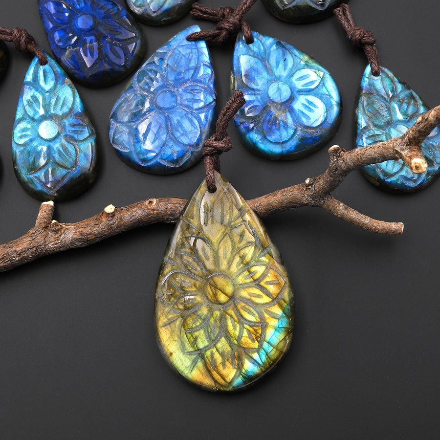 AAA Hand Carved Natural Labradorite Flower Pendant Gemstone
