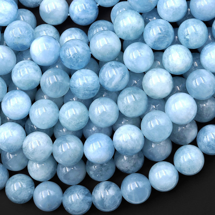 AAA Natural Blue Aquamarine 4mm 6mm 8mm 10mm Smooth Round Beads Real Genuine Gemstone Birthstone 15.5" Strand