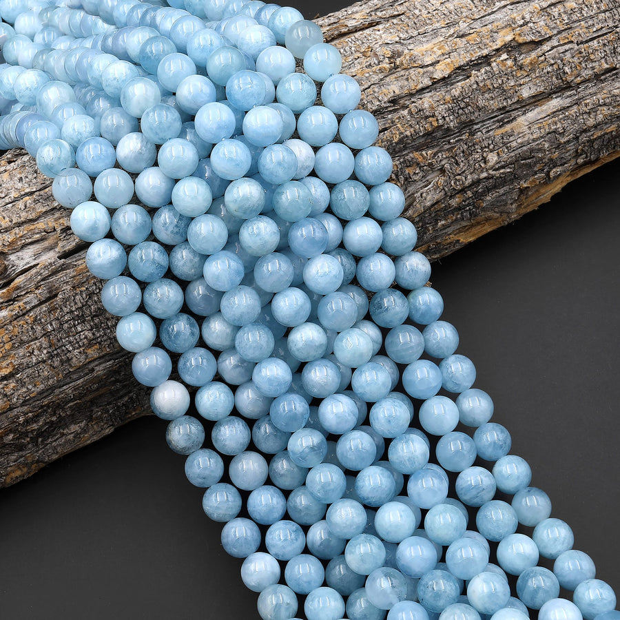 AAA Natural Blue Aquamarine 4mm 6mm 8mm 10mm Smooth Round Beads Real Genuine Gemstone Birthstone 15.5" Strand