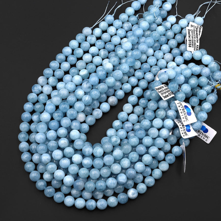 AAA Natural Blue Aquamarine 4mm 6mm 8mm 10mm Smooth Round Beads Real Genuine Gemstone Birthstone 15.5" Strand