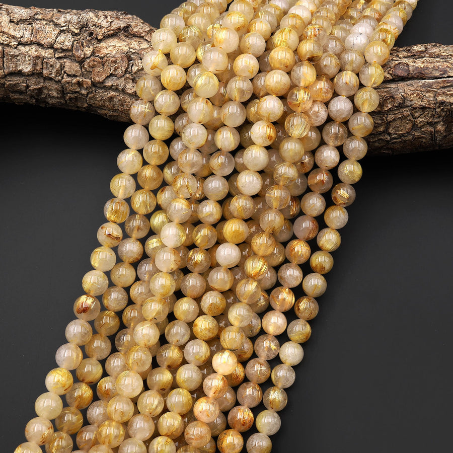 Natural Golden Rutile Quartz 6mm 8mm Smooth Round Beads 15.5 Strand