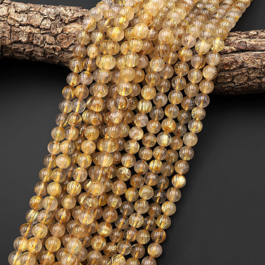 AAA Natural Golden Rutilated Quartz 6mm 8mm Round Beads Sharp Rutile Hair Needle 15.5" Strand