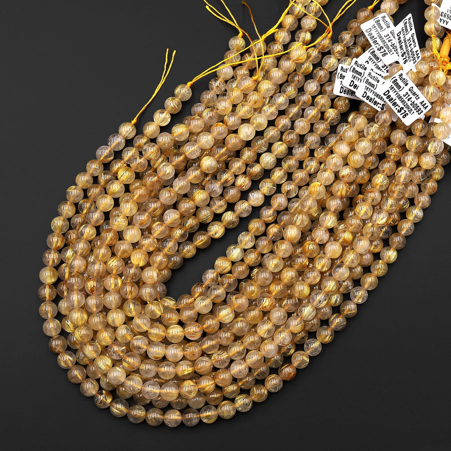 AAA Natural Golden Rutilated Quartz 6mm 8mm Round Beads Sharp Rutile Hair Needle 15.5" Strand