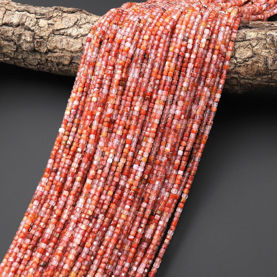 Faceted Natural Moroccan Orange Red Agate 2mm 3mm Cube Beads Micro Diamond Cut Gemstone 15.5" Strand