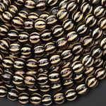 Tibetan Agate 8mm 10mm Round Beads Black Orange Yellow Dzi Agate Wavy Etched Line Melon Pumpkin Mala Antique Boho Beads 15.5" Strand
