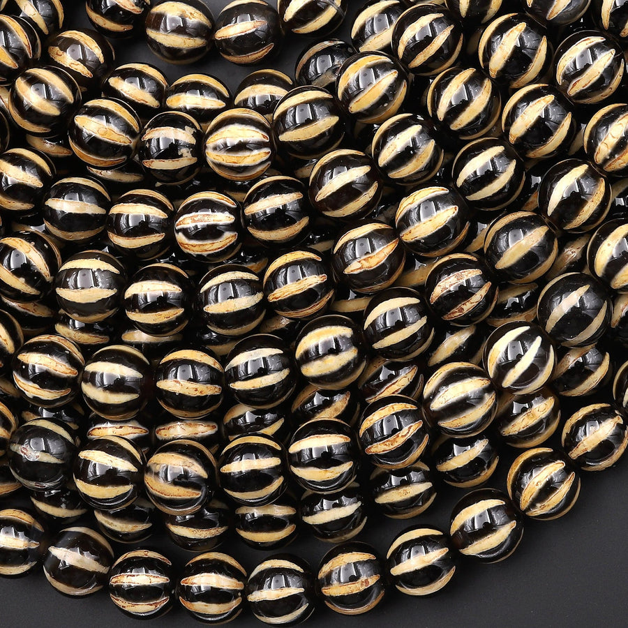 Tibetan Agate 8mm 10mm Round Beads Black Orange Yellow Dzi Agate Wavy Etched Line Melon Pumpkin Mala Antique Boho Beads 15.5" Strand
