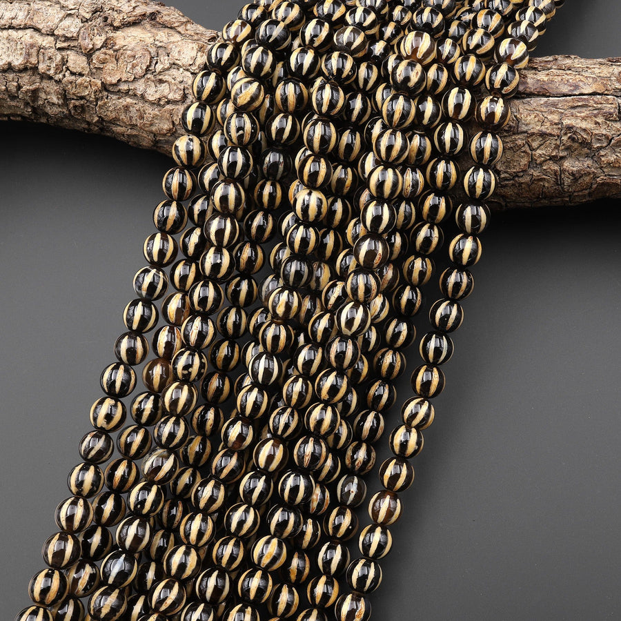 Tibetan Agate 8mm 10mm Round Beads Black Orange Yellow Dzi Agate Wavy Etched Line Melon Pumpkin Mala Antique Boho Beads 15.5" Strand