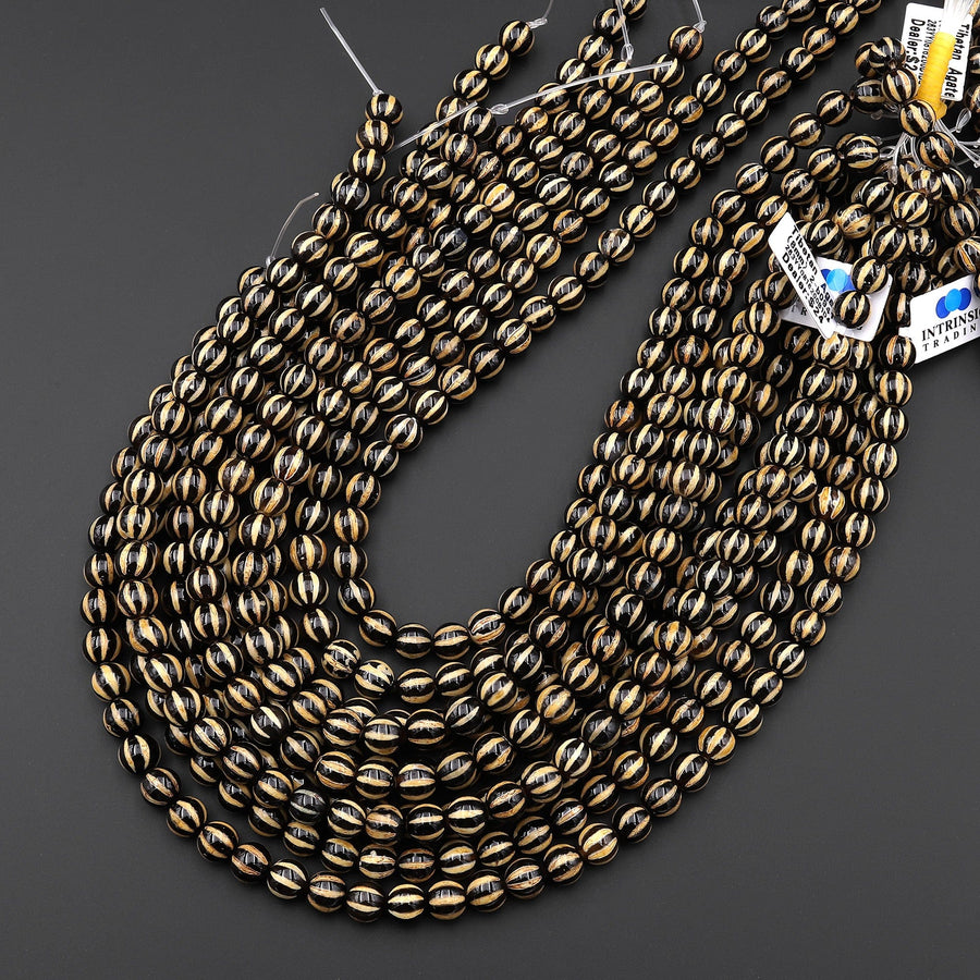 Tibetan Agate 8mm 10mm Round Beads Black Orange Yellow Dzi Agate Wavy Etched Line Melon Pumpkin Mala Antique Boho Beads 15.5" Strand