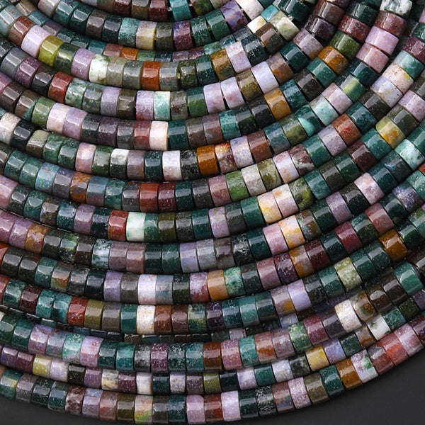 Natural Indian Agate 4mm Heishi Rondelle Beads Forest Green Mauve Colors 15.5" Strand