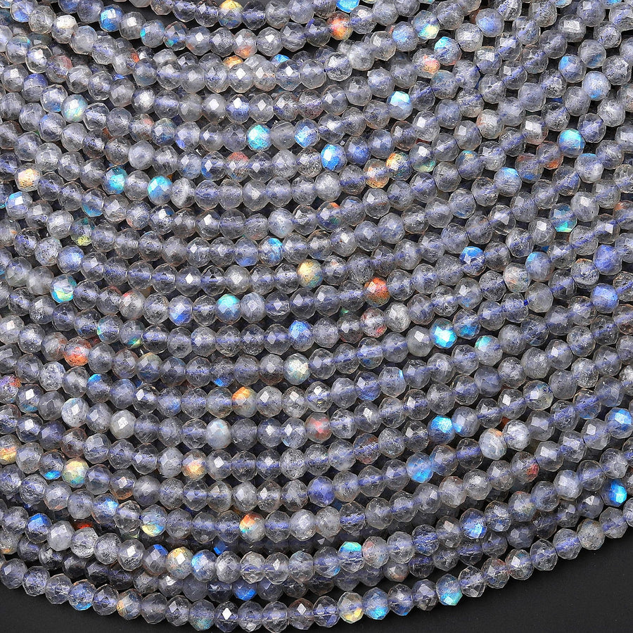 AAA Micro Faceted Labradorite Rondelle Beads 2mm 3mm 4mm Brilliant Rainbow Blue Flashes Fire Diamond Cut 15.5" Strand