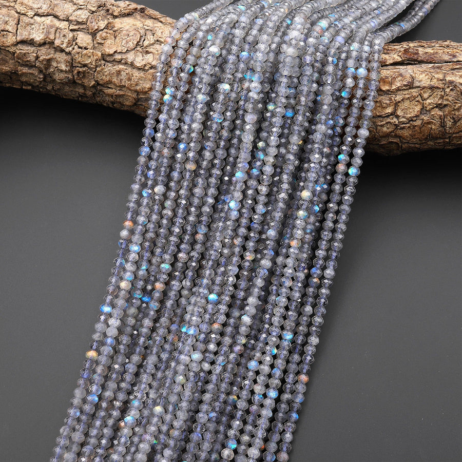 AAA Micro Faceted Labradorite Rondelle Beads 2mm 3mm 4mm Brilliant Rainbow Blue Flashes Fire Diamond Cut 15.5" Strand
