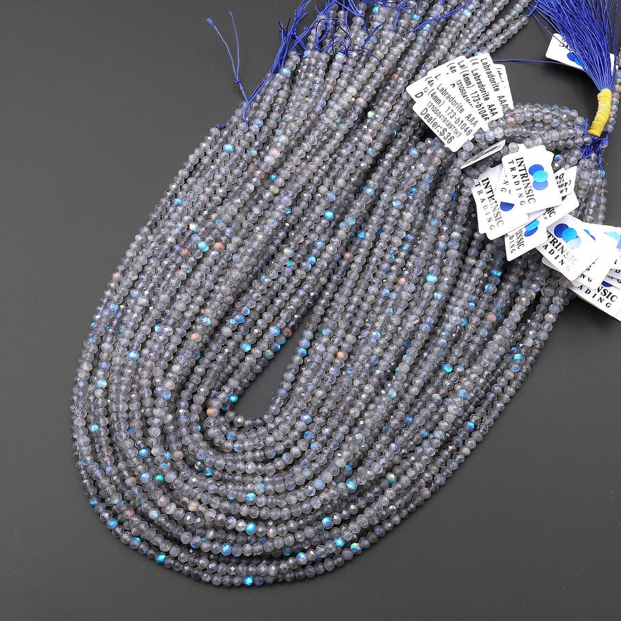 AAA Micro Faceted Labradorite Rondelle Beads 2mm 3mm 4mm Brilliant Rainbow Blue Flashes Fire Diamond Cut 15.5" Strand