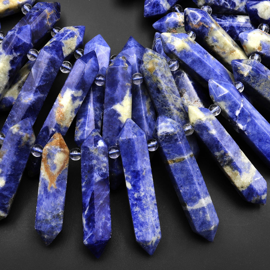 Natural Denim Blue Sodalite Faceted Double Terminated Points Long Side Drilled Gemstone Pendant Beads 15.5" Strand